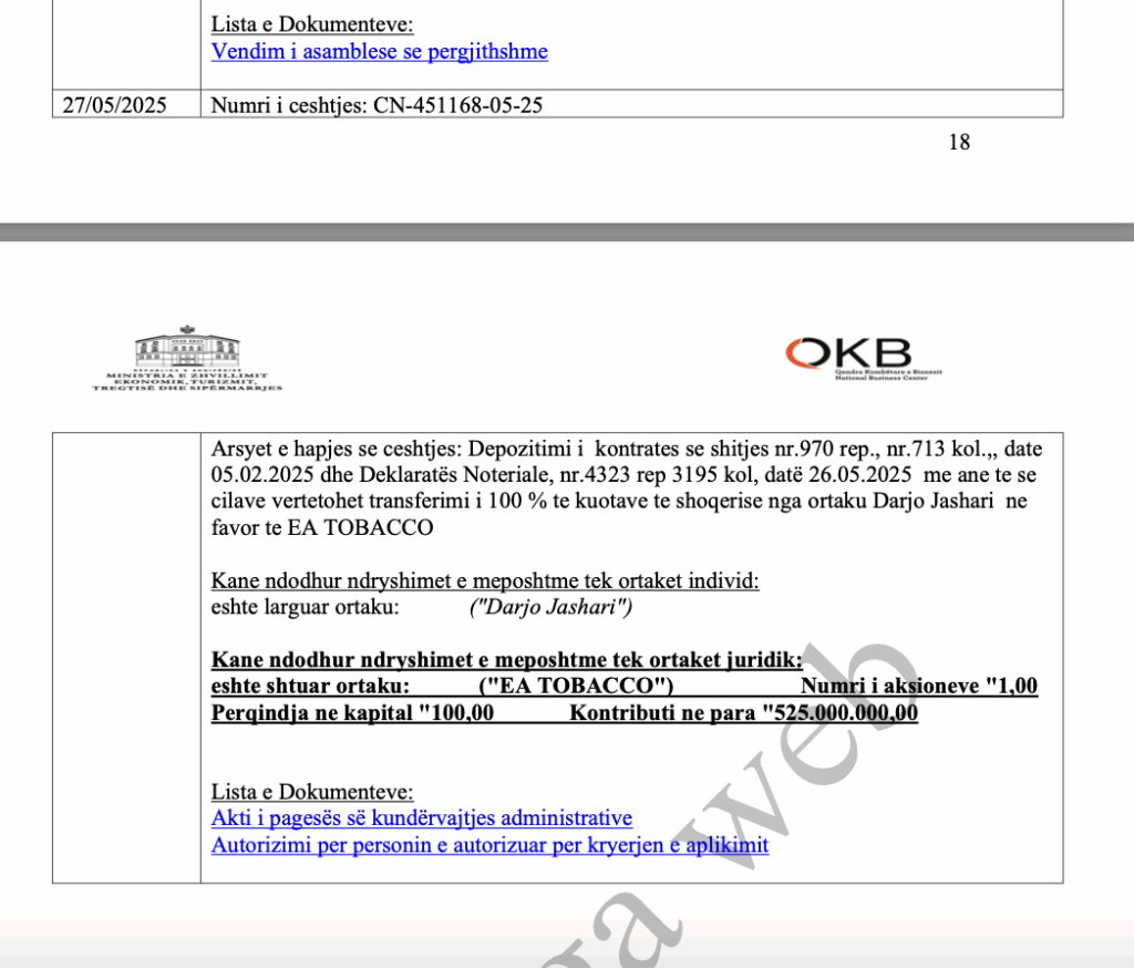 Ekstrakti i QKB tregon se kompania Albania Tabak Fabrika e Cigareve ne pronesi te Darjo Jashari iu shit biznesmenit Ergys Agasi vetem një dite para operacionit te SPAK