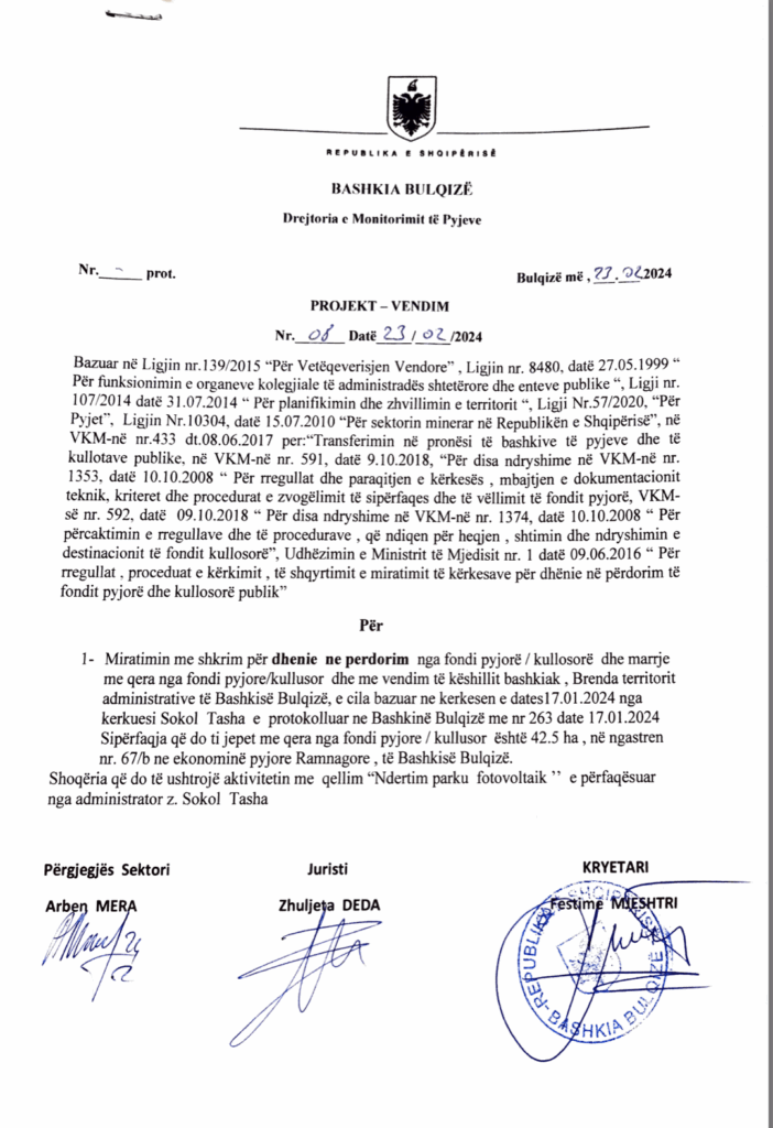 Vendimi i Bashkise per t'i dhene token Sokol Tashes me qellim ndertimin e parkut 