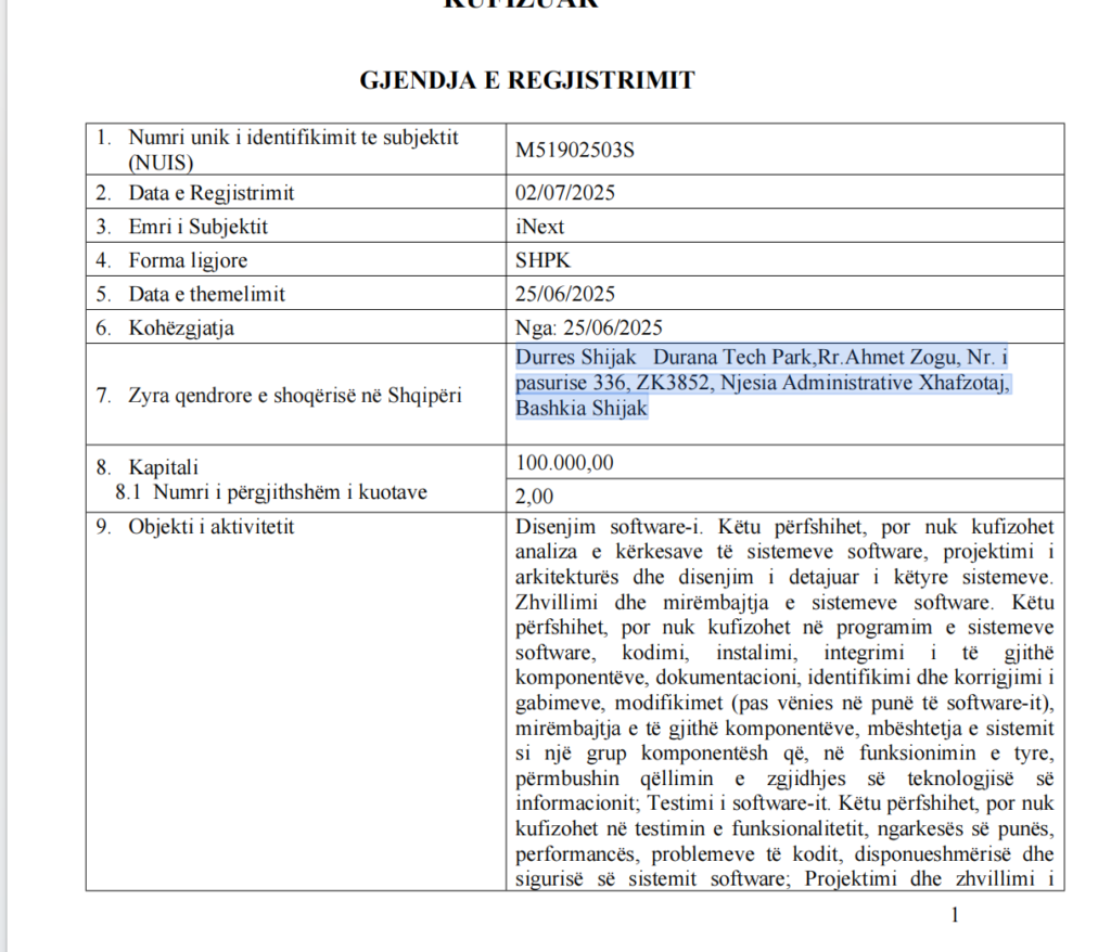 Kompania INEXT shpk në pronësi të Bledar Dhimës dhe Armand Sharës