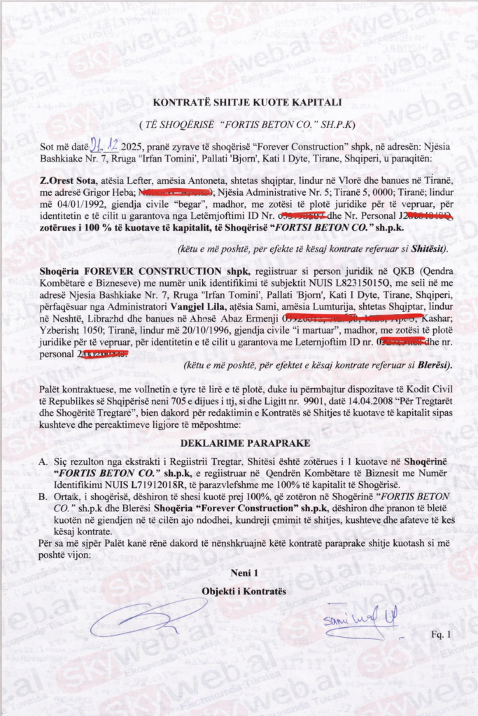 Kontrata e shitjes se kuotave te Fortis Beton