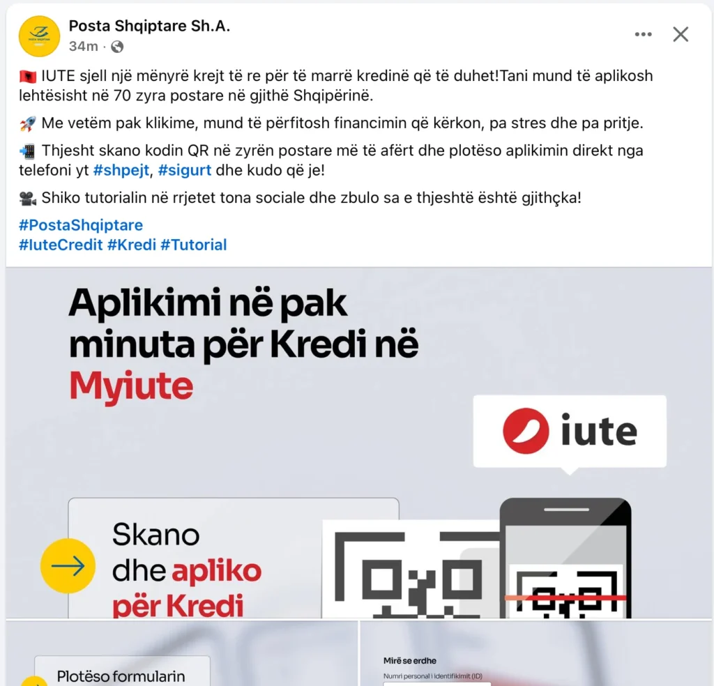 Postimi i posta Shqiptare ne Facebook