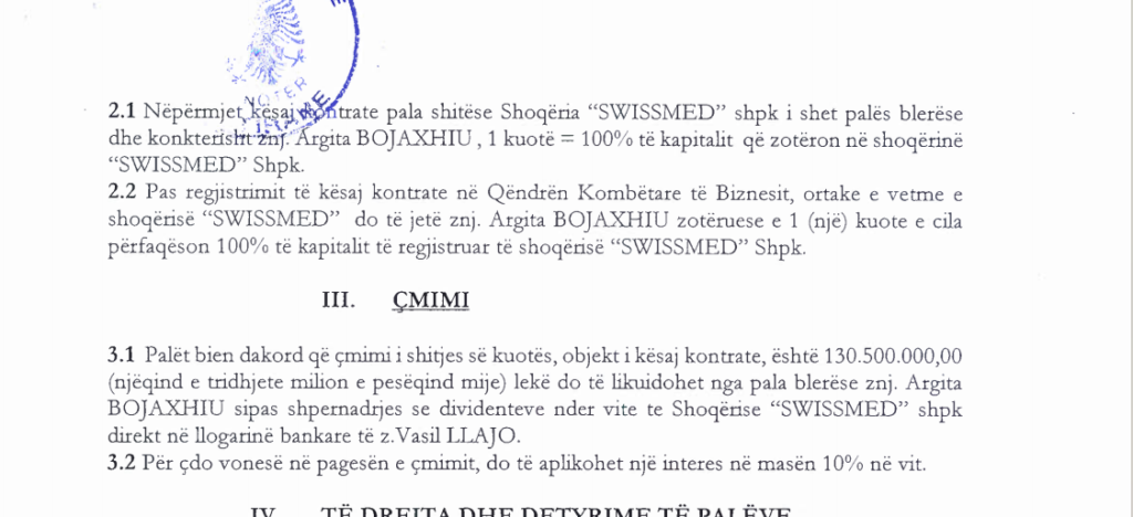 Kontrata e shitjes se kuotave te Swissmed nga Vasil Llajo dhe znj.Bojaxhiu 