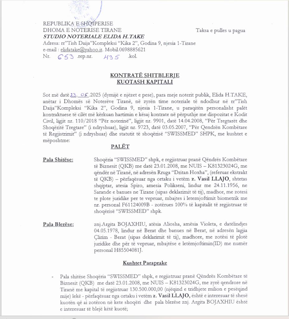 Kontrata e shitjes se kuotave te Swissmed nga Vasil Llajo dhe znj.Bojaxhiu 