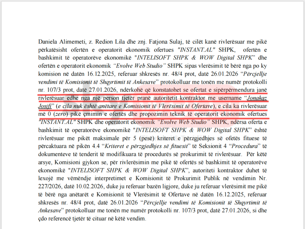 Screenshot i akt konstatimit te KPP ne lidhje me tenderin ne fjale. Burimi: KPP 