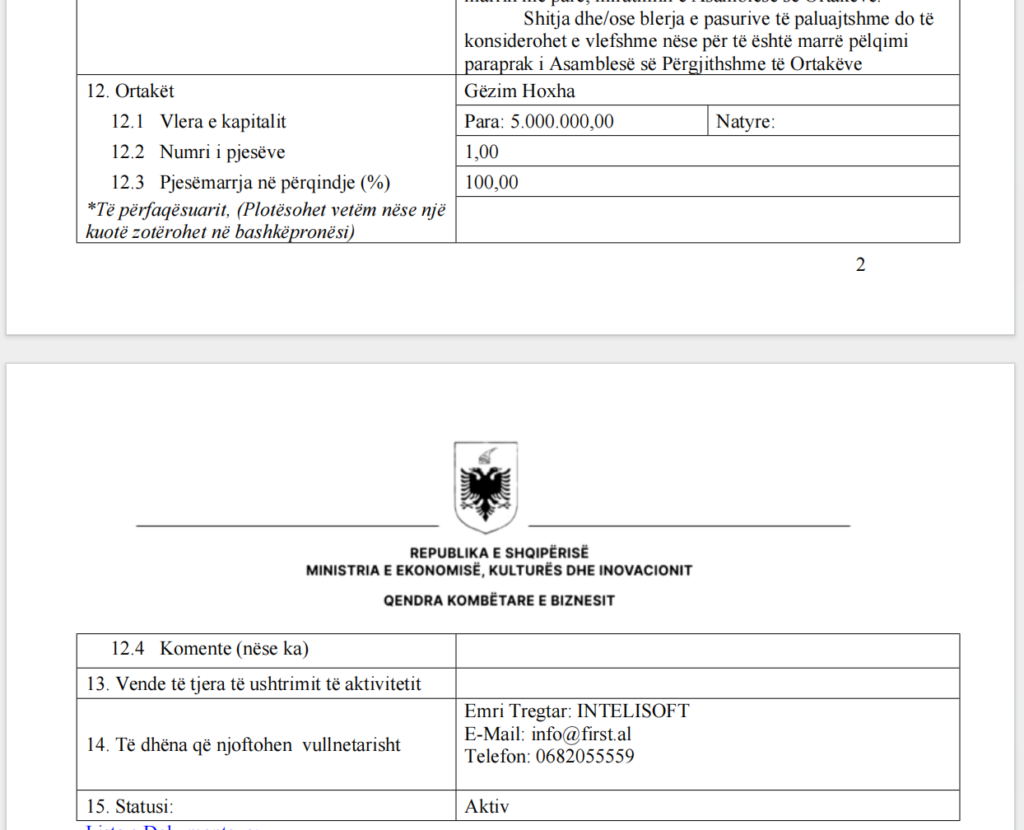 Screenshot nga ekstrakti i QKB. Aksesuar nga Skyweb.al me date 31 mars 2026