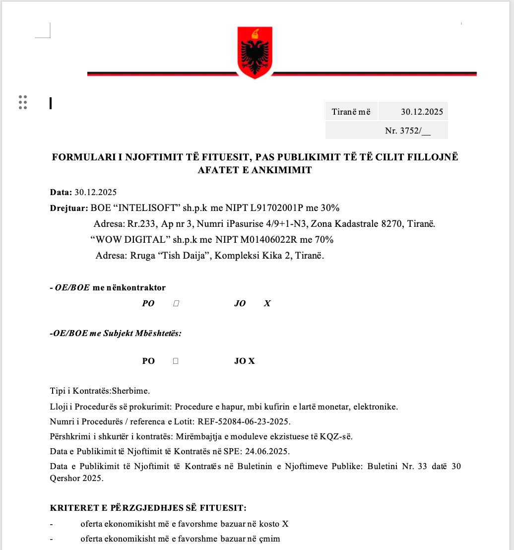 Njoftimi i fituesit te tenderit nga KQZ. Burimi: APP