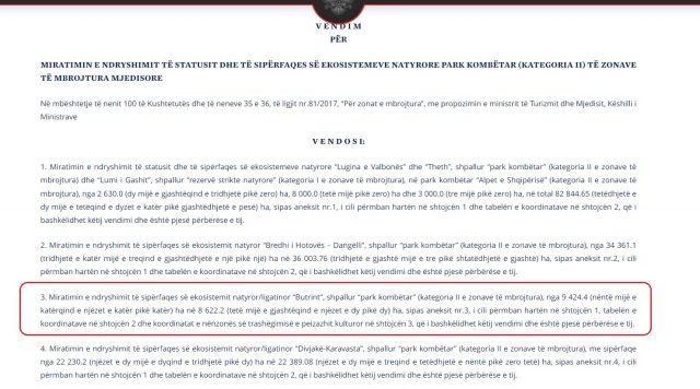 Në foto: Vendimi i Këshillit të Ministrave, 26 janar 2022, për zvogëlimin me 800 ha të Parkut të Butrintit