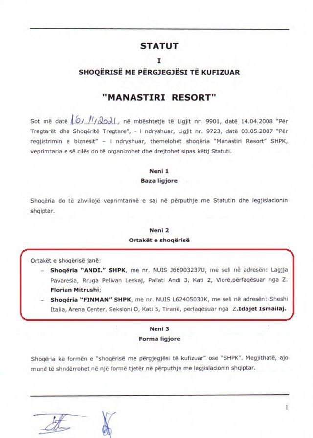 Në foto: Familja Ismailaj dhe Andi Gjiknuri regjistrojnë shoqërinë “Manastiri Resort” dy javë para miratimit të “investimit strategjik”