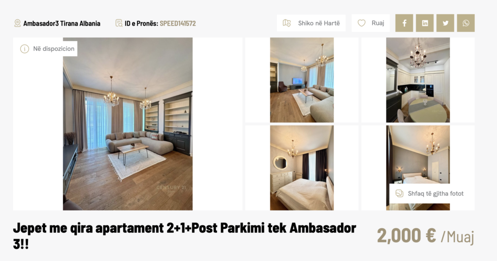 Apartament me qira i listuar nga Century 21 ne zonen e stadiumit Air Albania, me nje hapesire shume me te vogel se e zonjes Karcanaj