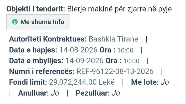 Procedura e shpallur nga Bashkia e Tirane per blerjen e nje zjarrfikeseje per terren te veshtire